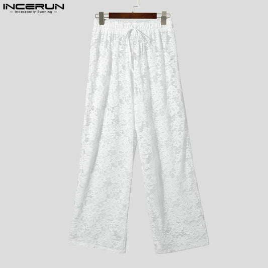 INCERUN Men Pants Lace Mesh Transparent Drawstring Joggers Sexy Male Trousers Streetwear Loose 2025 Fashion Party Pantalon S-5XL