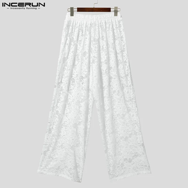 INCERUN Men Pants Lace Mesh Transparent Drawstring Joggers Sexy Male Trousers Streetwear Loose 2025 Fashion Party Pantalon S-5XL