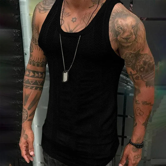 Europe and The United States Men's Summer Thin Sleeveless Men's Vest New White Mesh Hollowed Out Sports Outdoor Fitness Jacket