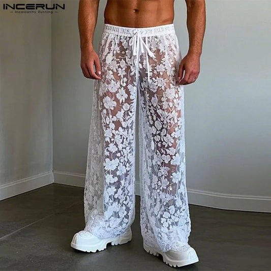 INCERUN Men Pants Lace Mesh Transparent Drawstring Joggers Sexy Male Trousers Streetwear Loose 2025 Fashion Party Pantalon S-5XL