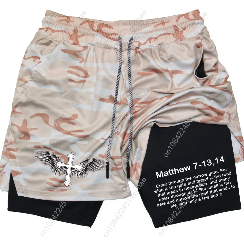 Men Performance Shorts Bible Printed GYM Casual Sports Compression Shorts Workout Running Mesh 2 In 1 Sport Short Pants
