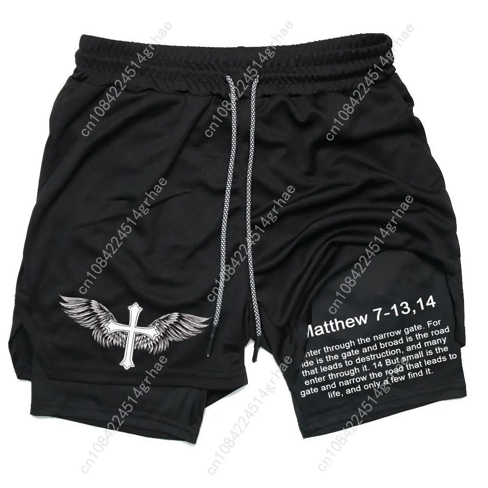 Men Performance Shorts Bible Printed GYM Casual Sports Compression Shorts Workout Running Mesh 2 In 1 Sport Short Pants