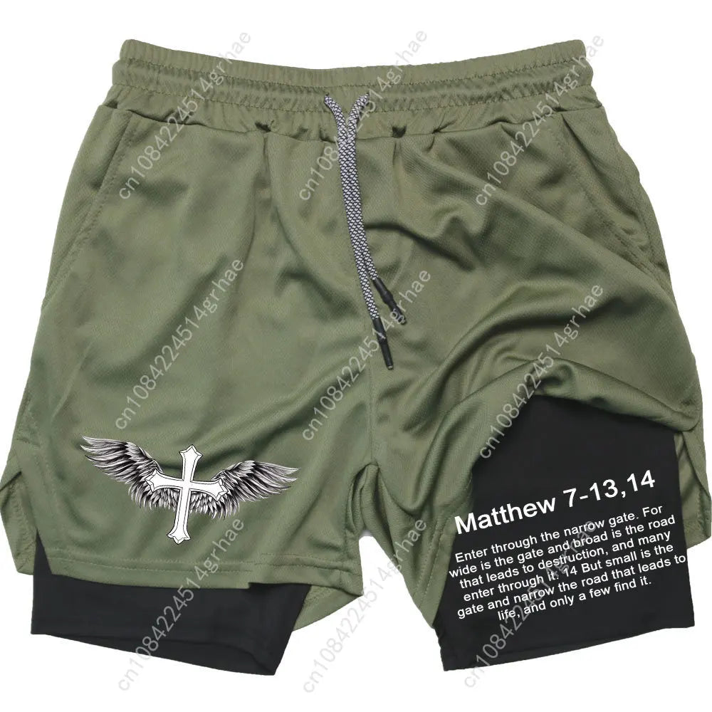 Men Performance Shorts Bible Printed GYM Casual Sports Compression Shorts Workout Running Mesh 2 In 1 Sport Short Pants