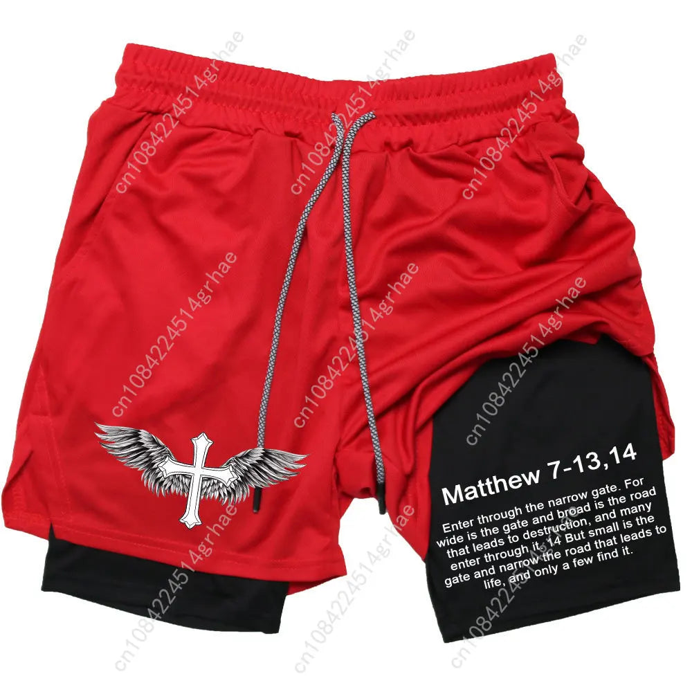 Men Performance Shorts Bible Printed GYM Casual Sports Compression Shorts Workout Running Mesh 2 In 1 Sport Short Pants