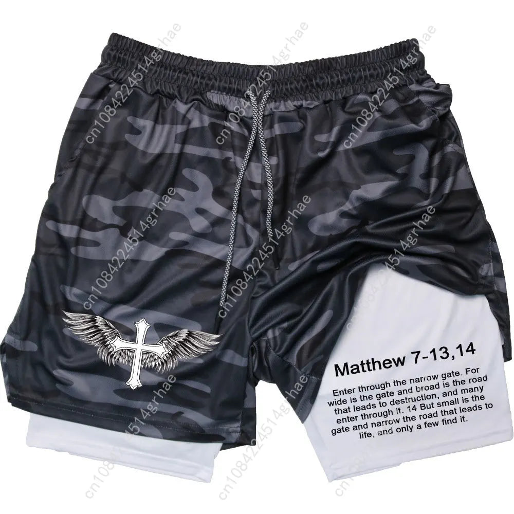 Men Performance Shorts Bible Printed GYM Casual Sports Compression Shorts Workout Running Mesh 2 In 1 Sport Short Pants