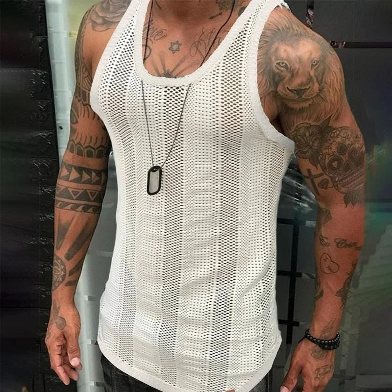 Europe and The United States Men's Summer Thin Sleeveless Men's Vest New White Mesh Hollowed Out Sports Outdoor Fitness Jacket