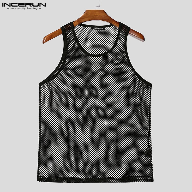 INCERUN Men Tank Tops Mesh O-neck Sleeveless Solid Color See Through Male Vests Streetwear Summer 2025 Sexy Fashion Men Clothing