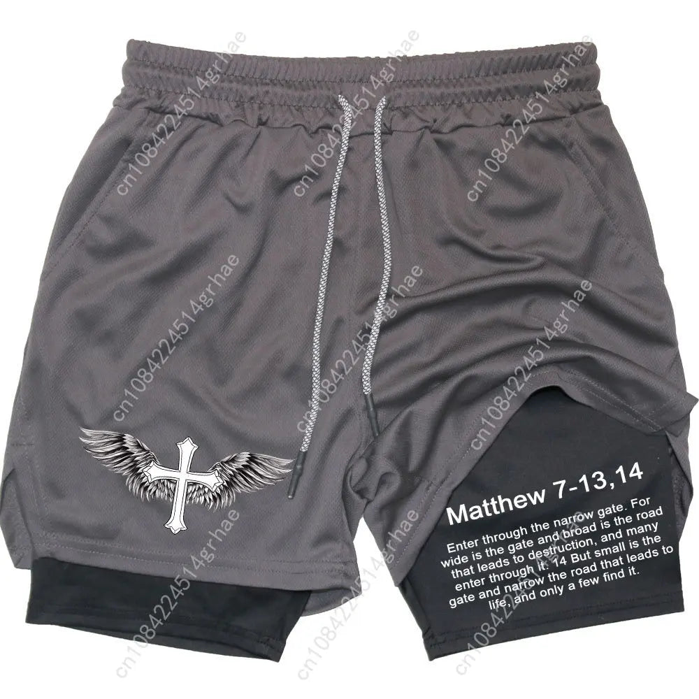 Men Performance Shorts Bible Printed GYM Casual Sports Compression Shorts Workout Running Mesh 2 In 1 Sport Short Pants
