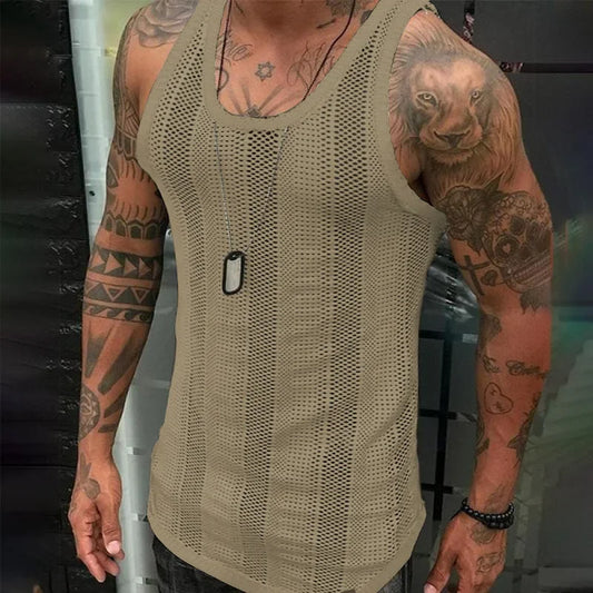 Europe and The United States Men's Summer Thin Sleeveless Men's Vest New White Mesh Hollowed Out Sports Outdoor Fitness Jacket