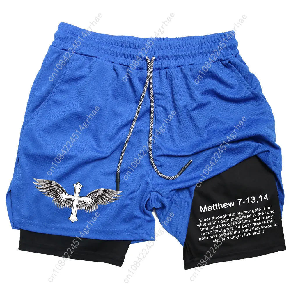 Men Performance Shorts Bible Printed GYM Casual Sports Compression Shorts Workout Running Mesh 2 In 1 Sport Short Pants